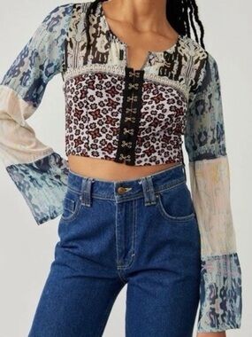 NEW Free People Walk That Way Top Lavender Sky Combo Size Small Bohemian